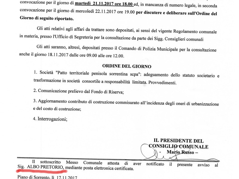 FOTO NOTIZIA – Piano di Sorrento/ Martedì Consiglio comunale, convocato anche il “sig. Albo Pretorio”